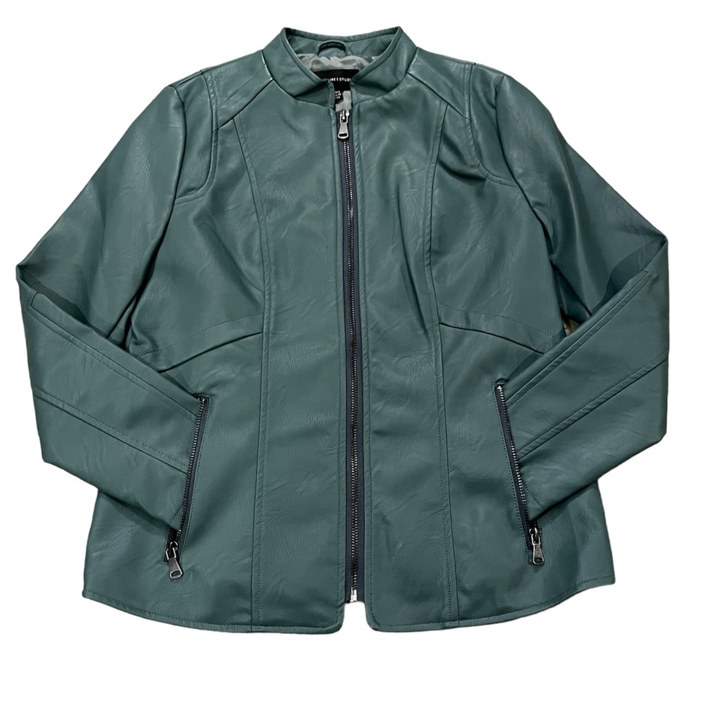 SIGNATURE STUDIO Balsam Green Faux Vegan Leather Lined Full Zipper Jacke…